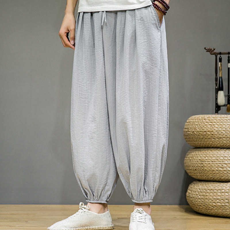 Pantalones harén de algodón con cordón ajustable para hombre, hasta el tobillo, con bolsillos y diseño de Buddha Stones Summer Plain