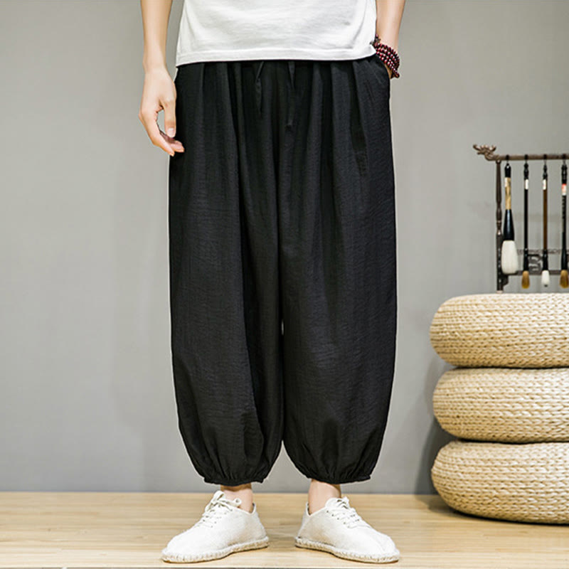 Pantalones harén de algodón con cordón ajustable para hombre, hasta el tobillo, con bolsillos y diseño de Buddha Stones Summer Plain