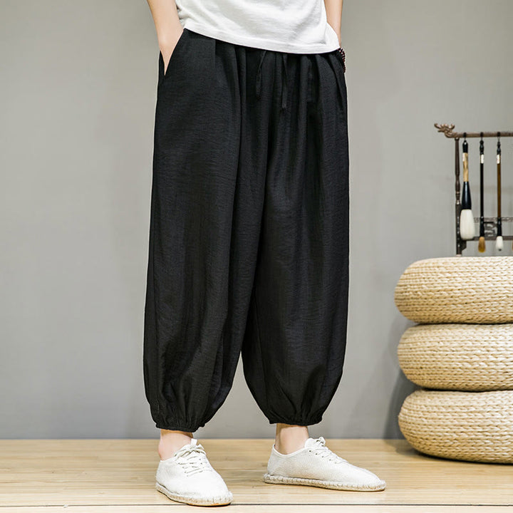 Pantalones harén de algodón con cordón ajustable para hombre, hasta el tobillo, con bolsillos y diseño de Buddha Stones Summer Plain