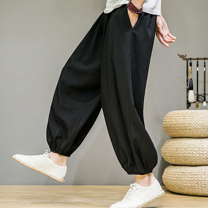 Pantalones harén de algodón con cordón ajustable para hombre, hasta el tobillo, con bolsillos y diseño de Buddha Stones Summer Plain