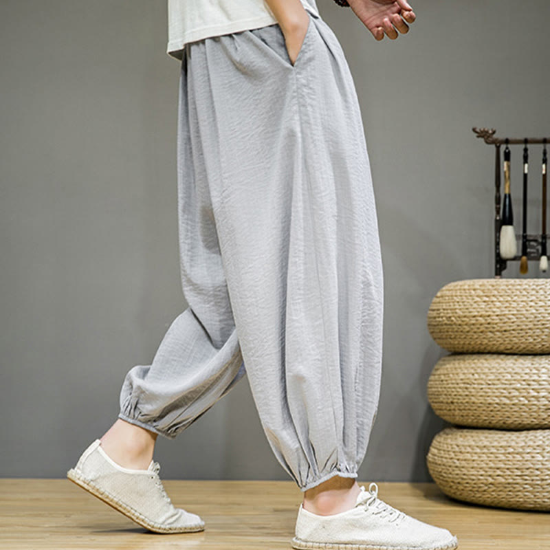 Pantalones harén de algodón con cordón ajustable para hombre, hasta el tobillo, con bolsillos y diseño de Buddha Stones Summer Plain