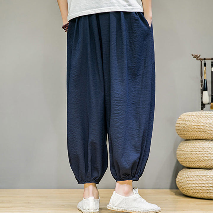 Pantalones harén de algodón con cordón ajustable para hombre, hasta el tobillo, con bolsillos y diseño de Buddha Stones Summer Plain