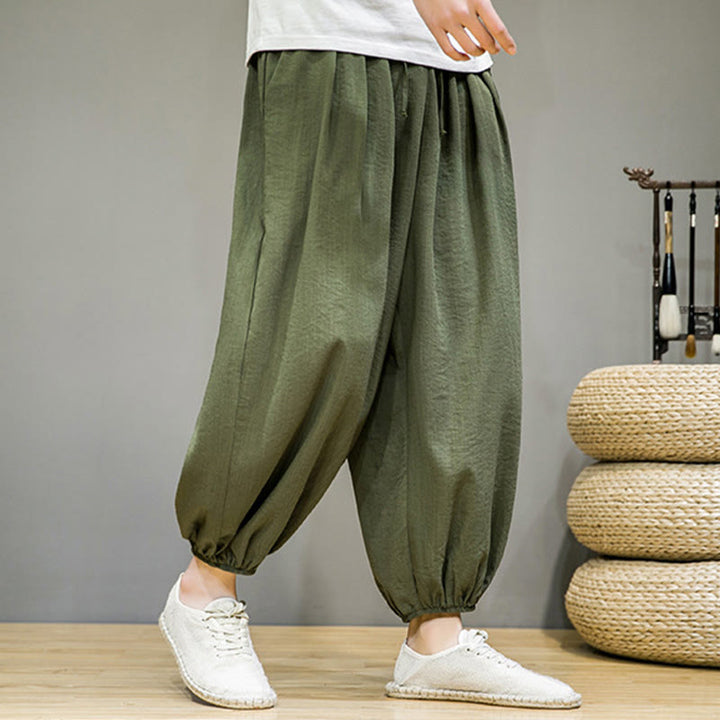 Pantalones harén de algodón con cordón ajustable para hombre, hasta el tobillo, con bolsillos y diseño de Buddha Stones Summer Plain