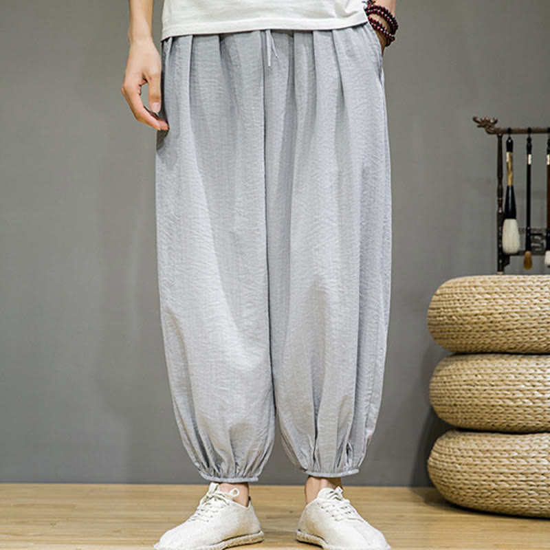 Pantalones harén de algodón con cordón ajustable para hombre, hasta el tobillo, con bolsillos y diseño de Buddha Stones Summer Plain