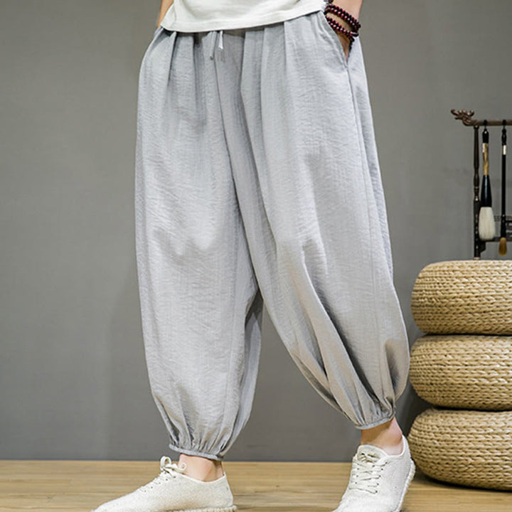 Pantalones harén de algodón con cordón ajustable para hombre, hasta el tobillo, con bolsillos y diseño de Buddha Stones Summer Plain