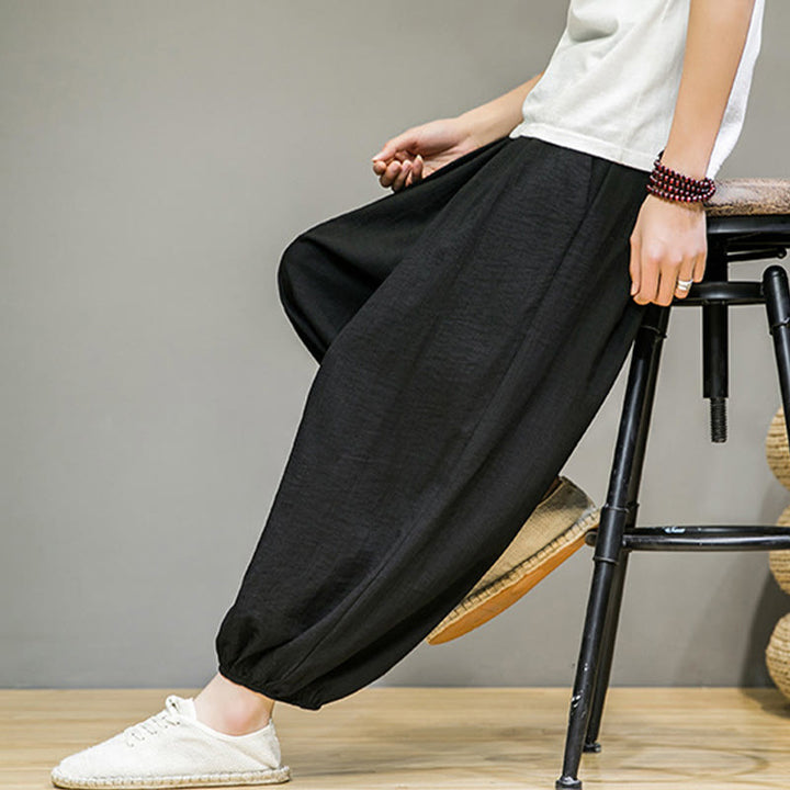 Pantalones harén de algodón con cordón ajustable para hombre, hasta el tobillo, con bolsillos y diseño de Buddha Stones Summer Plain