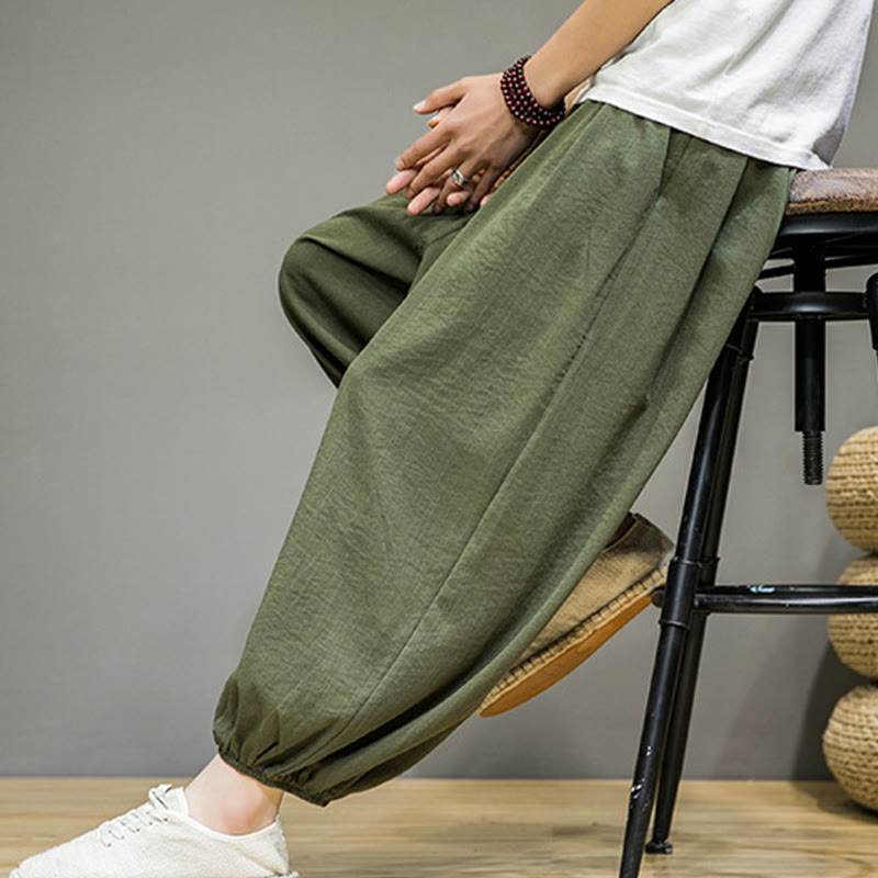 Pantalones harén de algodón con cordón ajustable para hombre, hasta el tobillo, con bolsillos y diseño de Buddha Stones Summer Plain