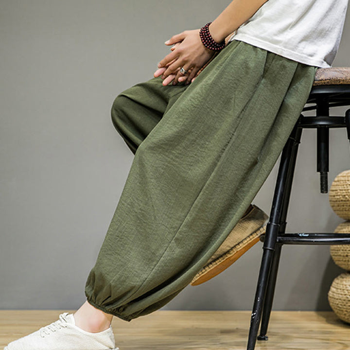 Pantalones harén de algodón con cordón ajustable para hombre, hasta el tobillo, con bolsillos y diseño de Buddha Stones Summer Plain