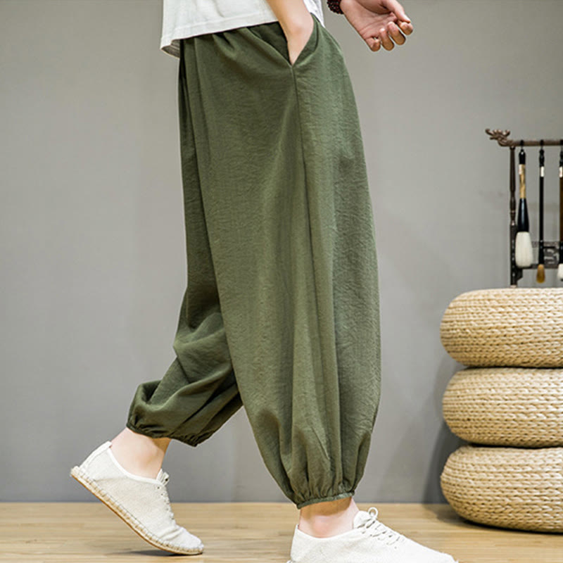 Pantalones harén de algodón con cordón ajustable para hombre, hasta el tobillo, con bolsillos y diseño de Buddha Stones Summer Plain