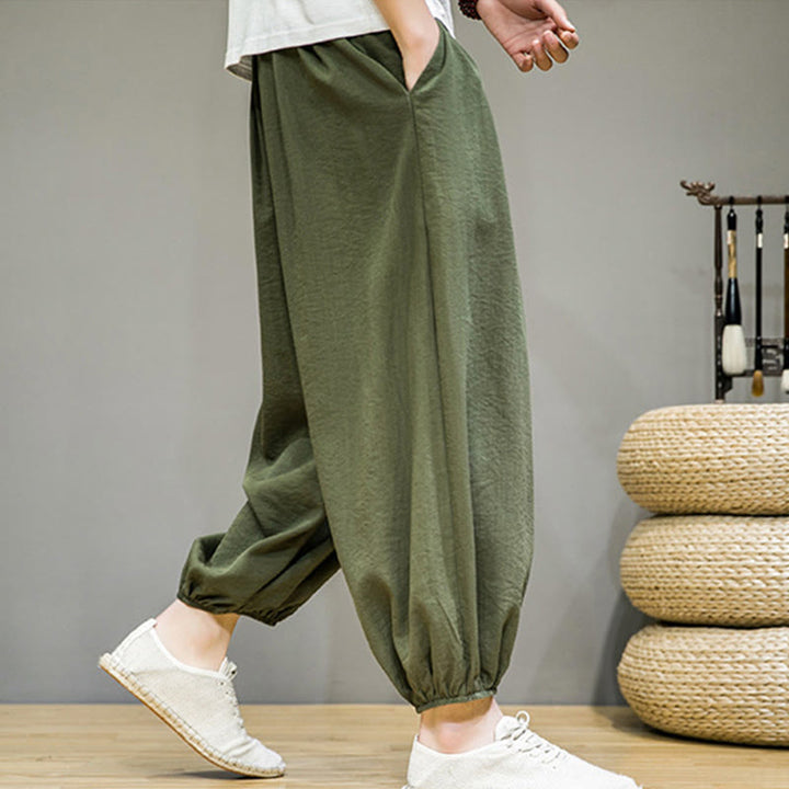 Pantalones harén de algodón con cordón ajustable para hombre, hasta el tobillo, con bolsillos y diseño de Buddha Stones Summer Plain