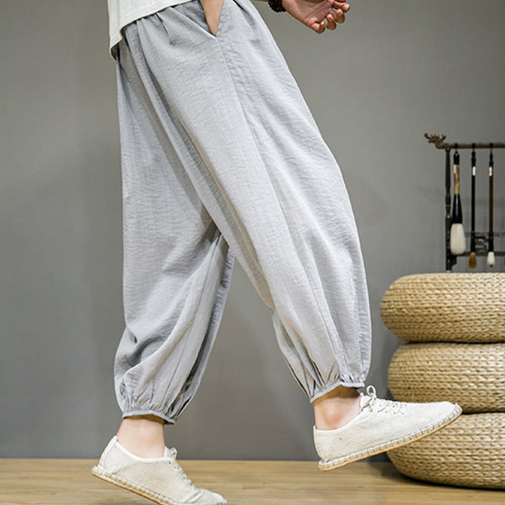 Pantalones harén de algodón con cordón ajustable para hombre, hasta el tobillo, con bolsillos y diseño de Buddha Stones Summer Plain