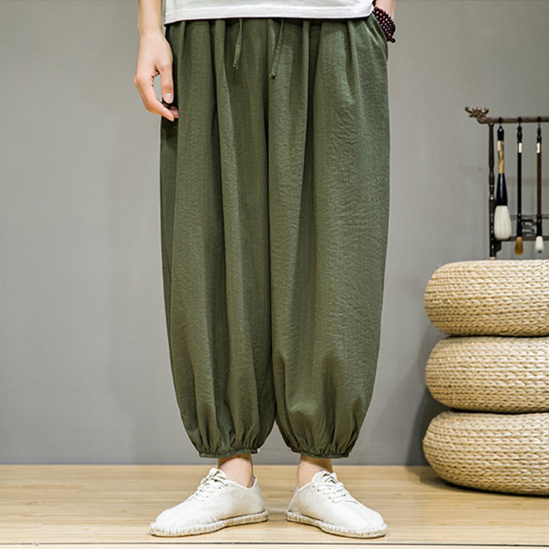Pantalones harén de algodón con cordón ajustable para hombre, hasta el tobillo, con bolsillos y diseño de Buddha Stones Summer Plain