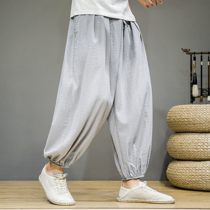 Pantalones harén de algodón con cordón ajustable para hombre, hasta el tobillo, con bolsillos y diseño de Buddha Stones Summer Plain