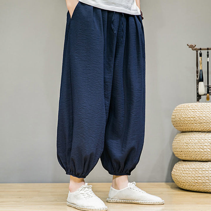 Pantalones harén de algodón con cordón ajustable para hombre, hasta el tobillo, con bolsillos y diseño de Buddha Stones Summer Plain