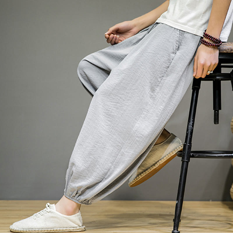 Pantalones harén de algodón con cordón ajustable para hombre, hasta el tobillo, con bolsillos y diseño de Buddha Stones Summer Plain