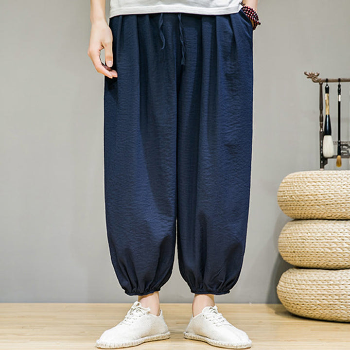 Pantalones harén de algodón con cordón ajustable para hombre, hasta el tobillo, con bolsillos y diseño de Buddha Stones Summer Plain
