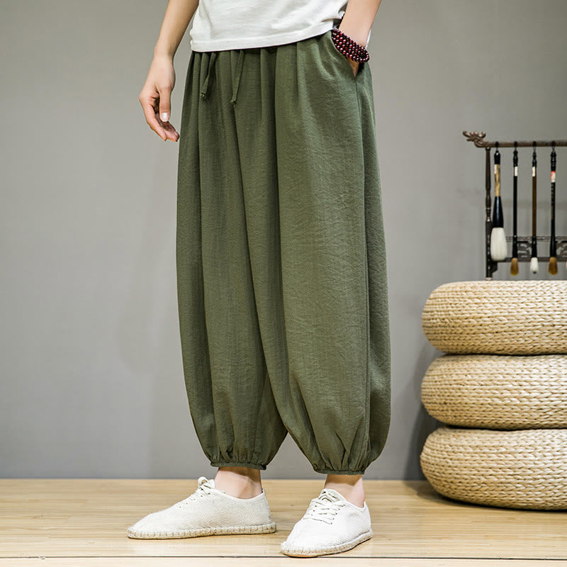 Pantalones harén de algodón con cordón ajustable para hombre, hasta el tobillo, con bolsillos y diseño de Buddha Stones Summer Plain