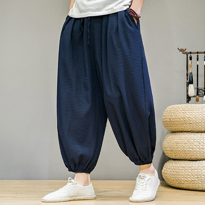 Pantalones harén de algodón con cordón ajustable para hombre, hasta el tobillo, con bolsillos y diseño de Buddha Stones Summer Plain - Marina de guerra - US/UK/AU46, EU56 (5XL) - image 0