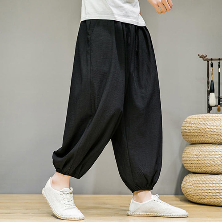 Pantalones harén de algodón con cordón ajustable para hombre, hasta el tobillo, con bolsillos y diseño de Buddha Stones Summer Plain