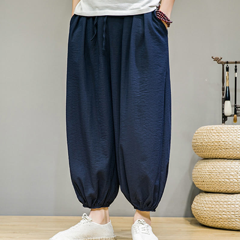 Pantalones harén de algodón con cordón ajustable para hombre, hasta el tobillo, con bolsillos y diseño de Buddha Stones Summer Plain