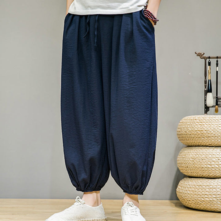 Pantalones harén de algodón con cordón ajustable para hombre, hasta el tobillo, con bolsillos y diseño de Buddha Stones Summer Plain