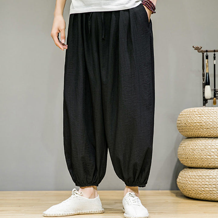 Pantalones harén de algodón con cordón ajustable para hombre, hasta el tobillo, con bolsillos y diseño de Buddha Stones Summer Plain