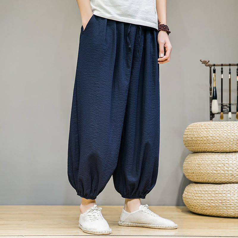 Pantalones harén de algodón con cordón ajustable para hombre, hasta el tobillo, con bolsillos y diseño de Buddha Stones Summer Plain
