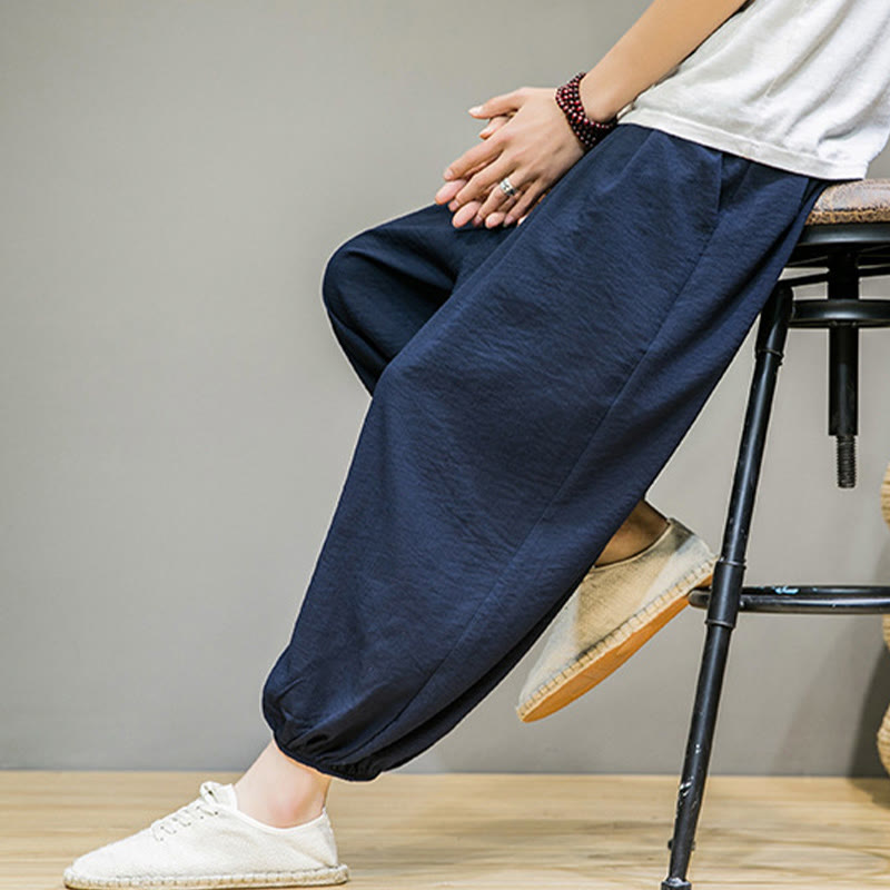 Pantalones harén de algodón con cordón ajustable para hombre, hasta el tobillo, con bolsillos y diseño de Buddha Stones Summer Plain