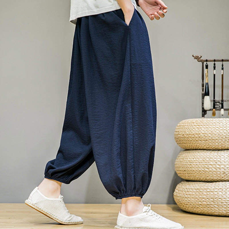 Pantalones harén de algodón con cordón ajustable para hombre, hasta el tobillo, con bolsillos y diseño de Buddha Stones Summer Plain