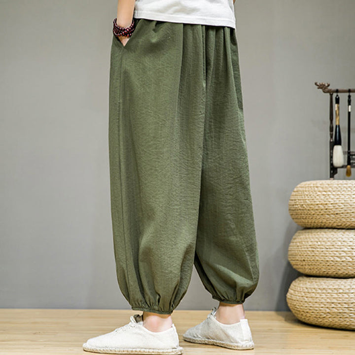 Pantalones harén de algodón con cordón ajustable para hombre, hasta el tobillo, con bolsillos y diseño de Buddha Stones Summer Plain
