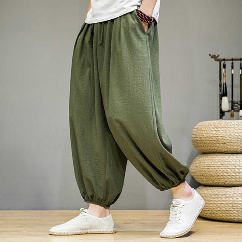 Pantalones harén de algodón con cordón ajustable para hombre, hasta el tobillo, con bolsillos y diseño de Buddha Stones Summer Plain