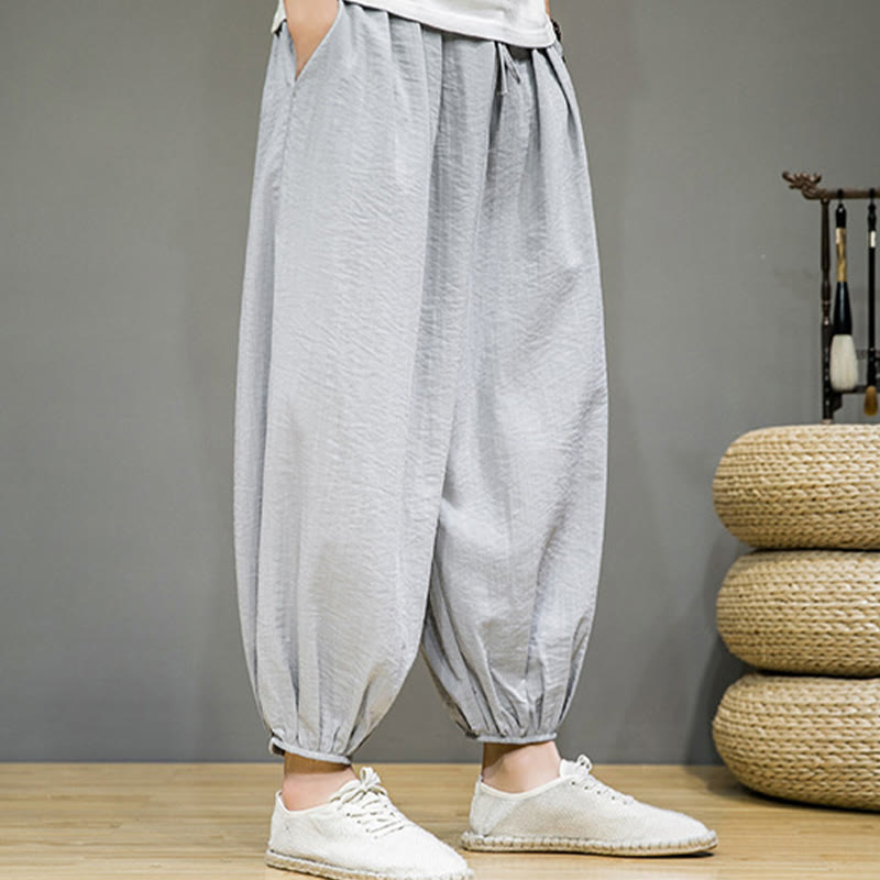 Pantalones harén de algodón con cordón ajustable para hombre, hasta el tobillo, con bolsillos y diseño de Buddha Stones Summer Plain