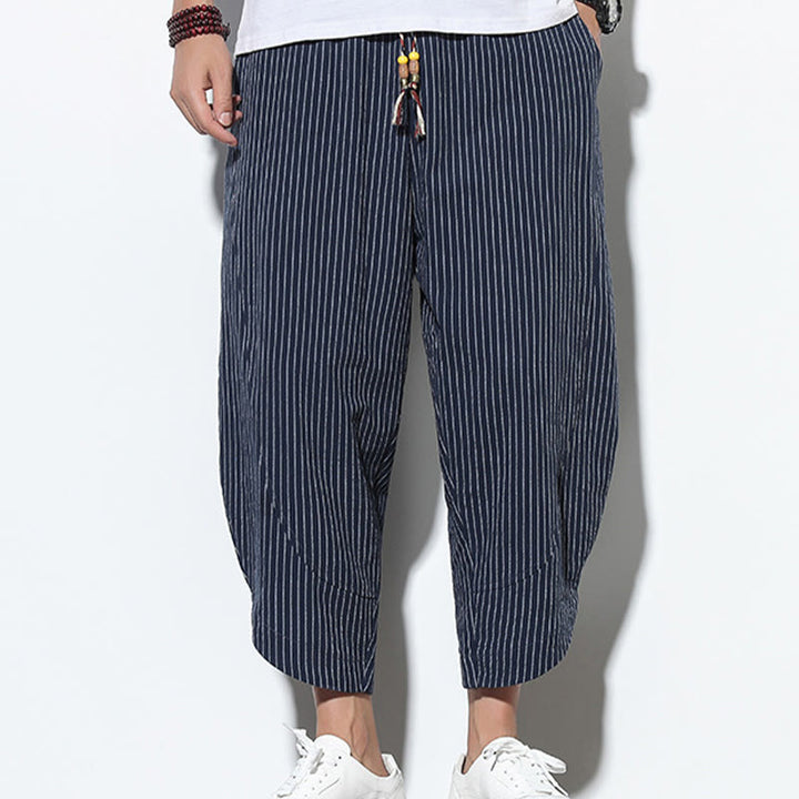 Pantalones harén de lino y algodón con cordón ajustable para hombre, de verano, con diseño de rayas de Buddha Stones , de longitud 7-8 y bolsillos - image 39