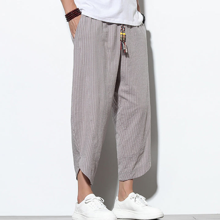 Pantalones harén de lino y algodón con cordón ajustable para hombre, de verano, con diseño de rayas de Buddha Stones , de longitud 7-8 y bolsillos - image 26