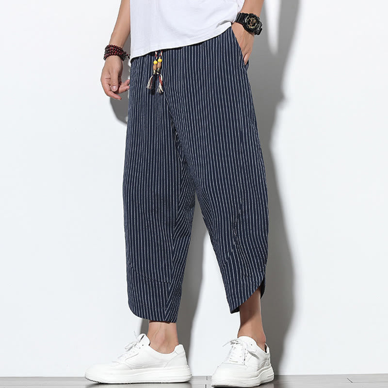 Pantalones harén de lino y algodón con cordón ajustable para hombre, de verano, con diseño de rayas de Buddha Stones , de longitud 7-8 y bolsillos - image 32