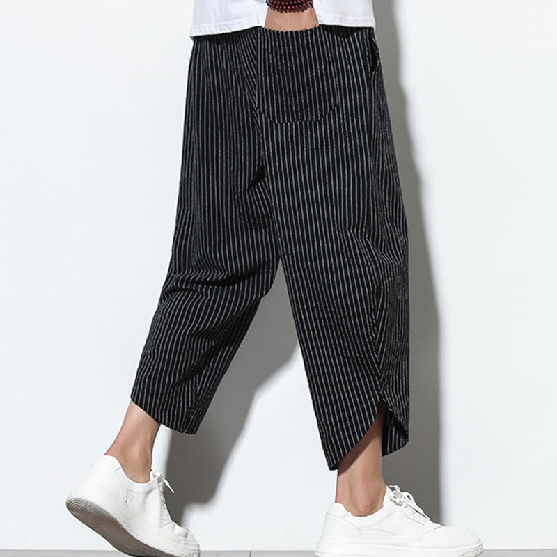 Pantalones harén de lino y algodón con cordón ajustable para hombre, de verano, con diseño de rayas de Buddha Stones , de longitud 7-8 y bolsillos - image 11