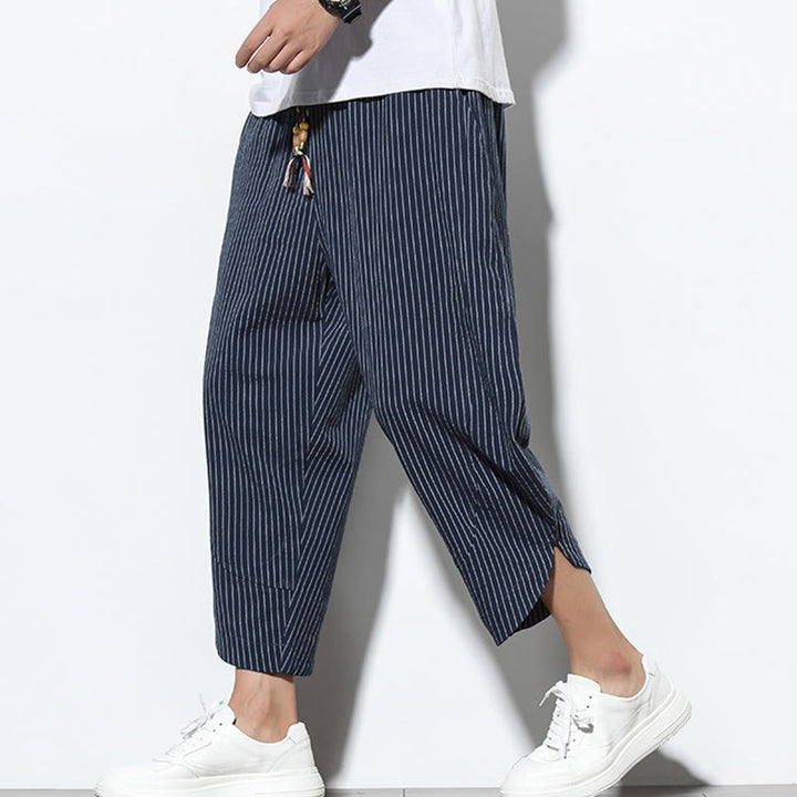 Pantalones harén de lino y algodón con cordón ajustable para hombre, de verano, con diseño de rayas de Buddha Stones , de longitud 7-8 y bolsillos - Azul medianoche - US/UK/AU46, EU56 (5XL) - image 31