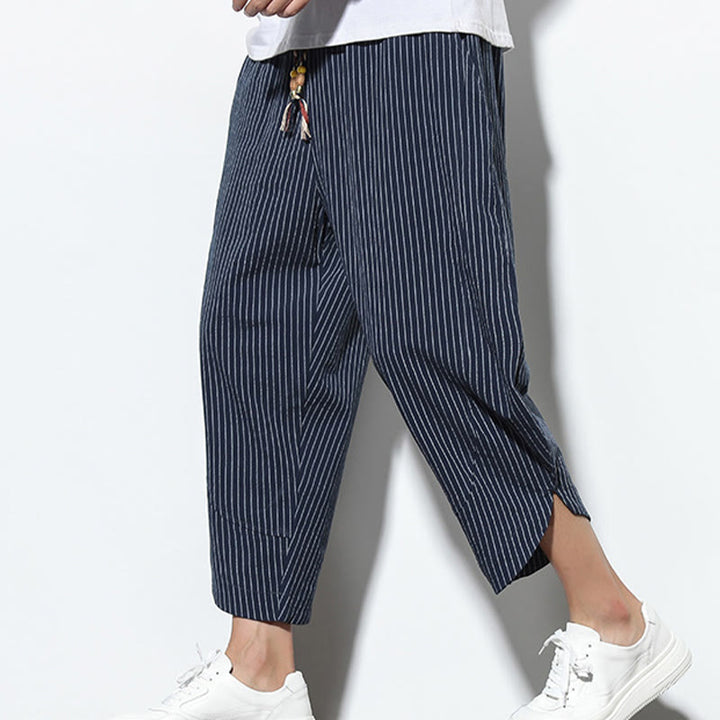 Pantalones harén de lino y algodón con cordón ajustable para hombre, de verano, con diseño de rayas de Buddha Stones , de longitud 7-8 y bolsillos - image 33