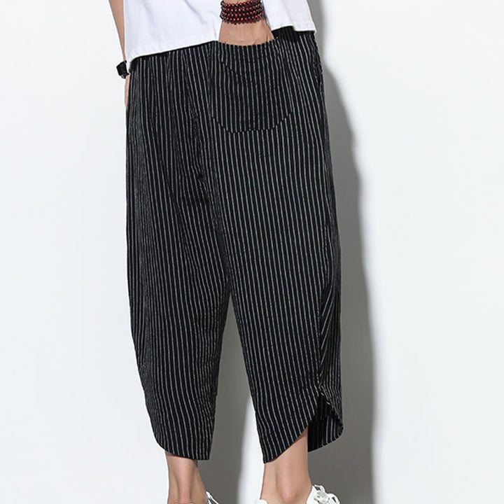 Pantalones harén de lino y algodón con cordón ajustable para hombre, de verano, con diseño de rayas de Buddha Stones , de longitud 7-8 y bolsillos - image 14