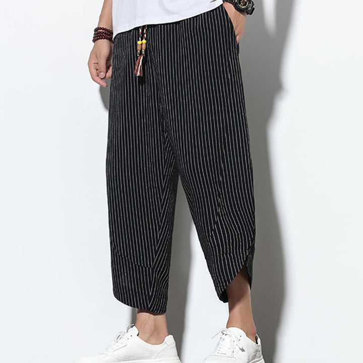 Pantalones harén de lino y algodón con cordón ajustable para hombre, de verano, con diseño de rayas de Buddha Stones , de longitud 7-8 y bolsillos - image 13