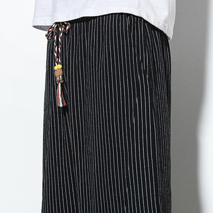 Pantalones harén de lino y algodón con cordón ajustable para hombre, de verano, con diseño de rayas de Buddha Stones , de longitud 7-8 y bolsillos - image 20