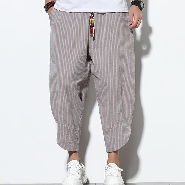 Pantalones harén de lino y algodón con cordón ajustable para hombre, de verano, con diseño de rayas de Buddha Stones , de longitud 7-8 y bolsillos - image 24