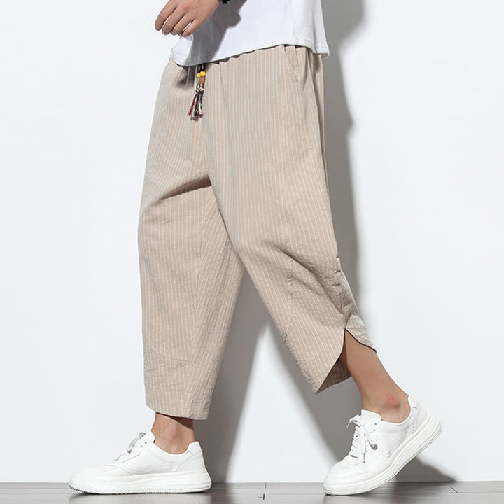 Pantalones harén de lino y algodón con cordón ajustable para hombre, de verano, con diseño de rayas de Buddha Stones , de longitud 7-8 y bolsillos - image 3
