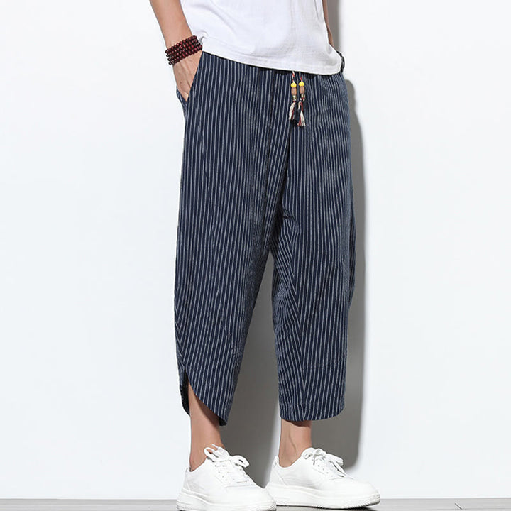 Pantalones harén de lino y algodón con cordón ajustable para hombre, de verano, con diseño de rayas de Buddha Stones , de longitud 7-8 y bolsillos - image 34