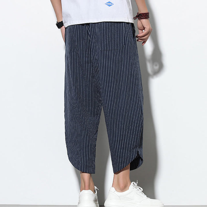 Pantalones harén de lino y algodón con cordón ajustable para hombre, de verano, con diseño de rayas de Buddha Stones , de longitud 7-8 y bolsillos - image 35