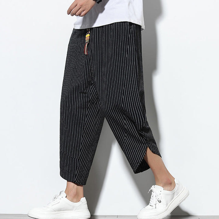 Pantalones harén de lino y algodón con cordón ajustable para hombre, de verano, con diseño de rayas de Buddha Stones , de longitud 7-8 y bolsillos - image 12