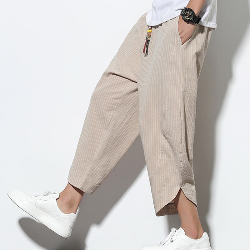 Pantalones harén de lino y algodón con cordón ajustable para hombre, de verano, con diseño de rayas de Buddha Stones , de longitud 7-8 y bolsillos - Blanco antiguo - US/UK/AU46, EU56 (5XL) - image 0