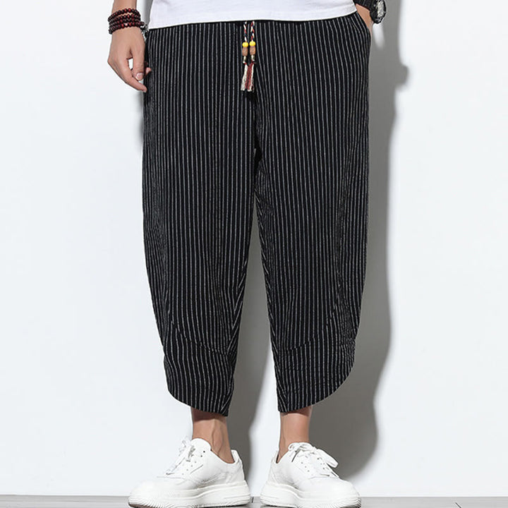 Pantalones harén de lino y algodón con cordón ajustable para hombre, de verano, con diseño de rayas de Buddha Stones , de longitud 7-8 y bolsillos - image 17