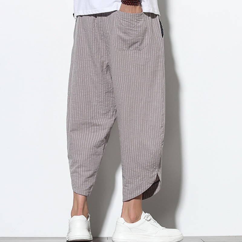 Pantalones harén de lino y algodón con cordón ajustable para hombre, de verano, con diseño de rayas de Buddha Stones , de longitud 7-8 y bolsillos - image 25