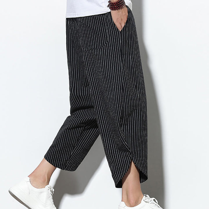 Pantalones harén de lino y algodón con cordón ajustable para hombre, de verano, con diseño de rayas de Buddha Stones , de longitud 7-8 y bolsillos - image 15